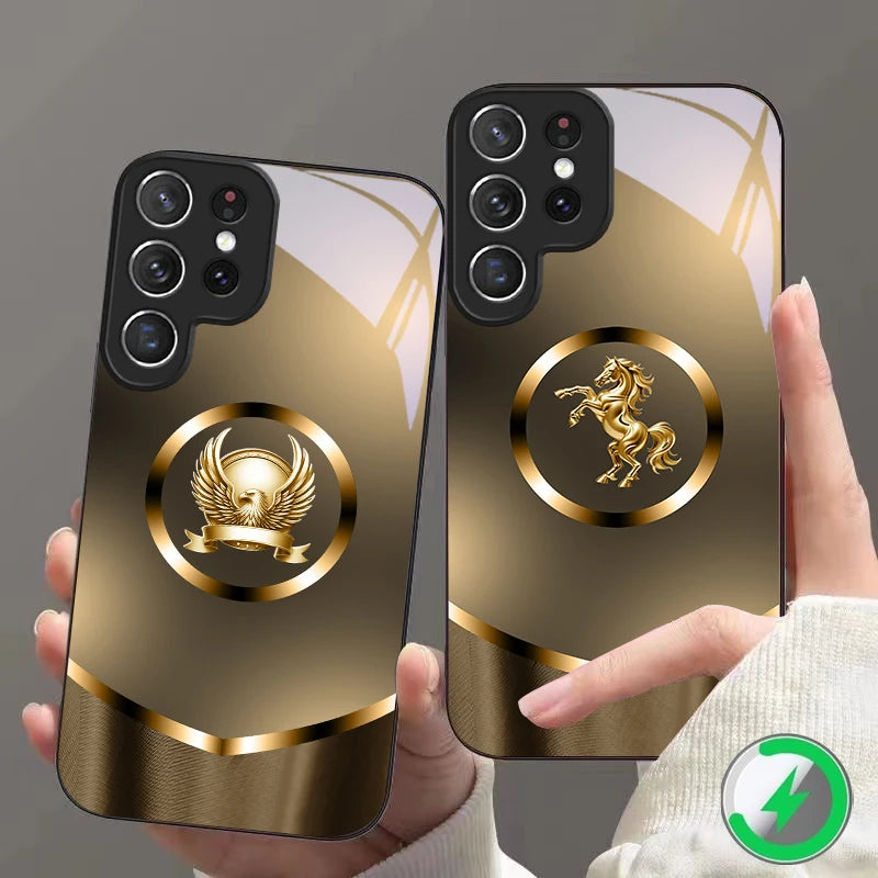Clear glass phone case with a gradient gold dragon design, offering stylish protection for your smartphone.