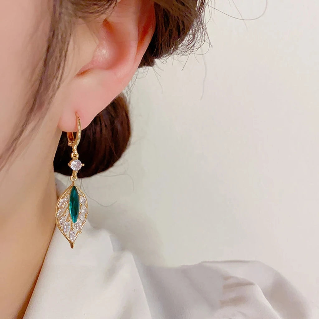 Pendientes colgantes de hoja de circón verde para mujer, ...