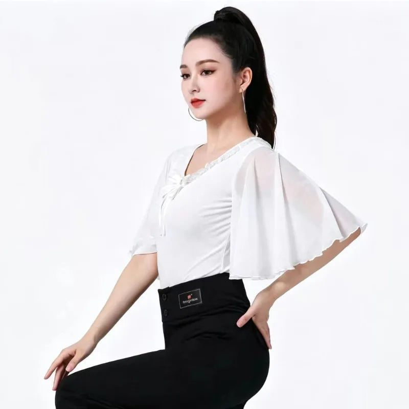 Lace top for women, modern Latin dance clothing, with intricate lace details, designed for stylish dance performances.