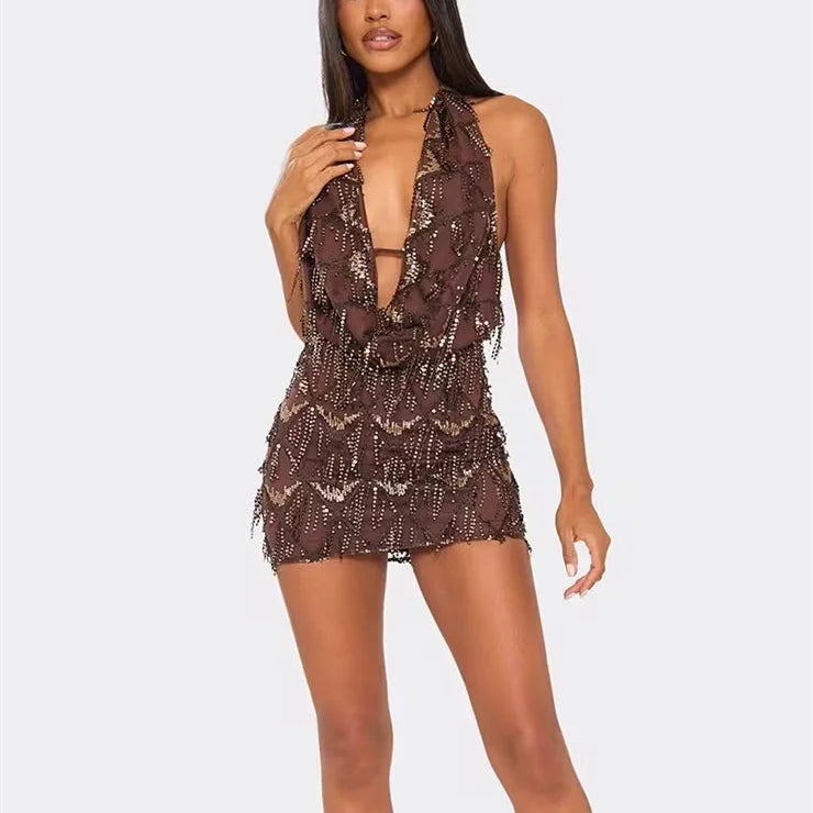 Vestido Mini Halter con Lentejuelas para Mujer, Cuello Ha...