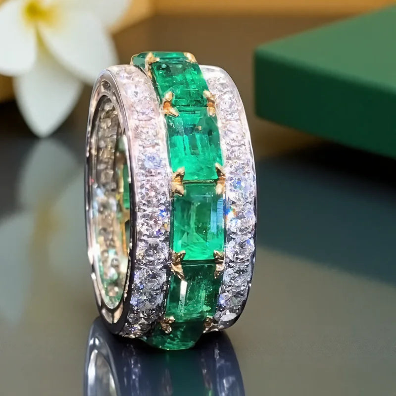 Anillos de boda cuadrados verdes con circonita completa d...