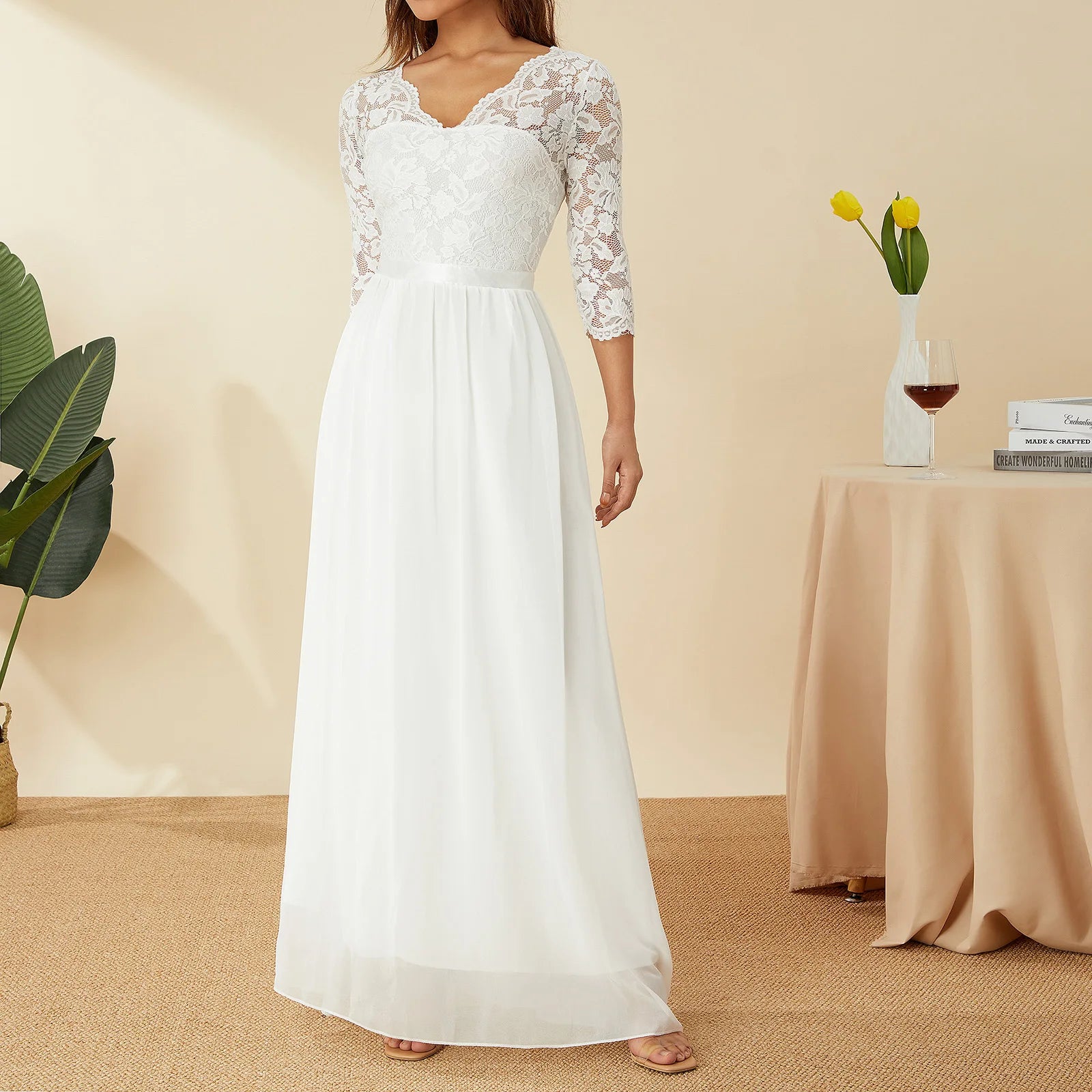 Vestidos largos elegantes de gasa de encaje, vestido de n...