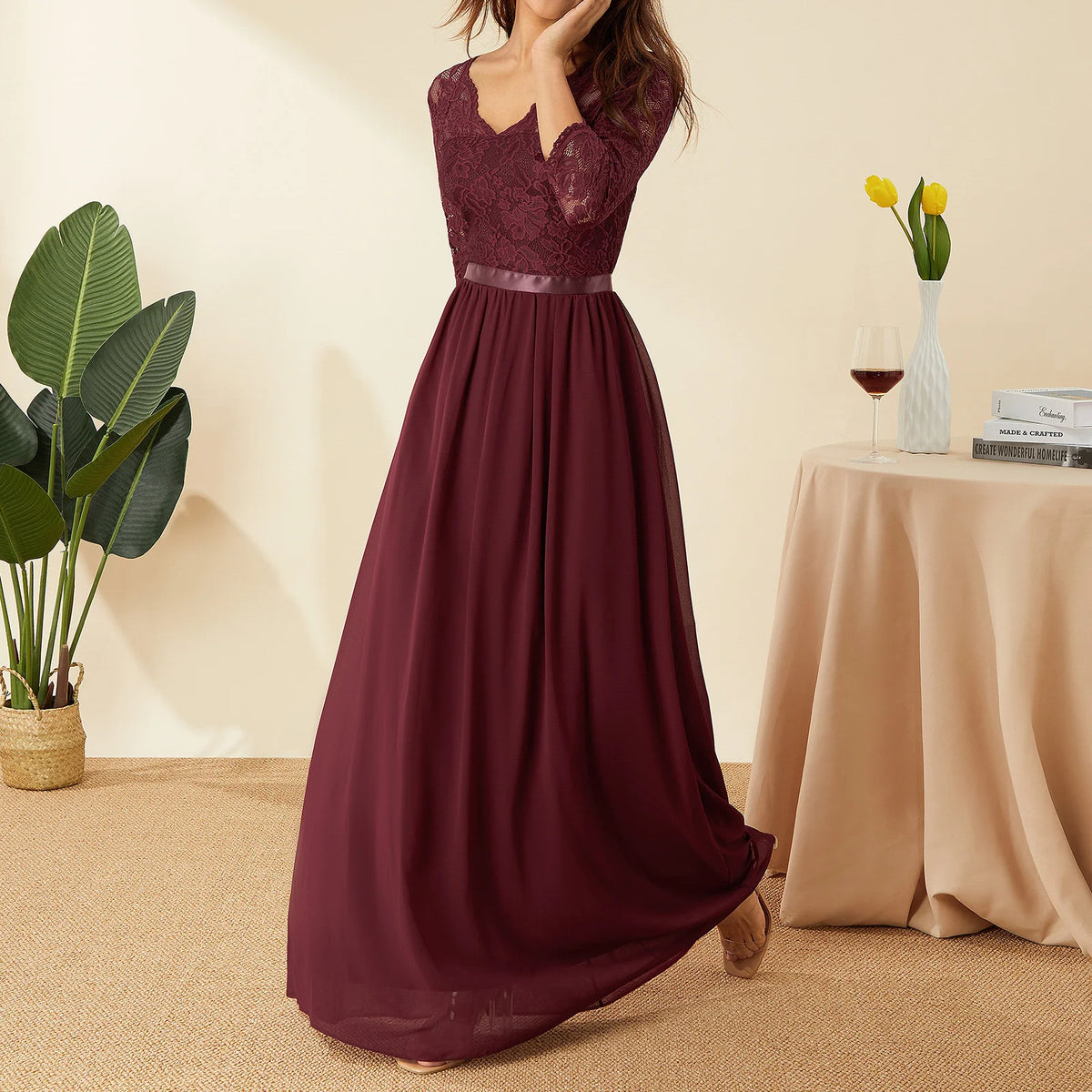 Vestidos largos elegantes de gasa de encaje, vestido de n...
