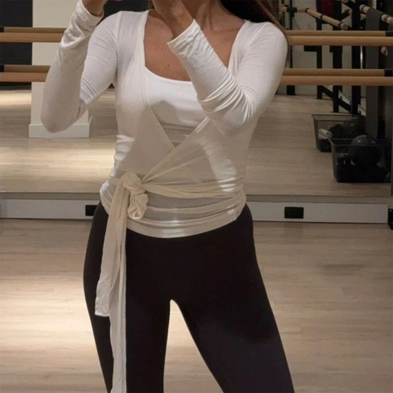 Tops cortos con lazo cruzado para mujer, camisas de Yoga ...