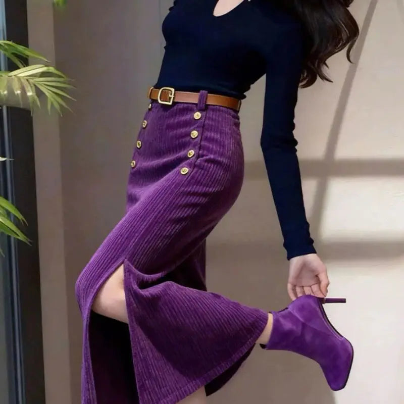 Falda larga de pana morada francesa para mujer, estilo re...
