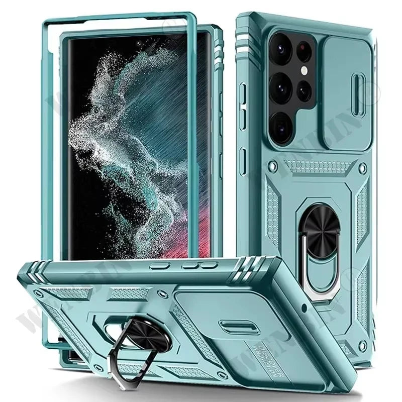 Samsung Galaxy phone case with 360-degree support, durable black cover for S25 Ultra, S23, S26, A57, A36, and A16 models.
