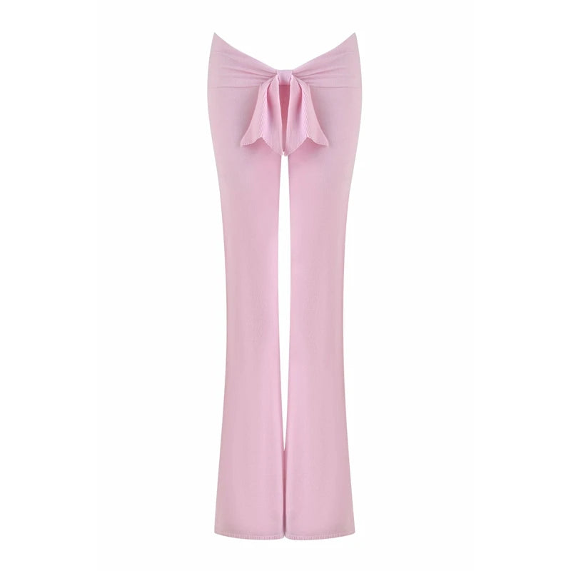 Long flared knit pants from Combhasaki Y2l, stylish and comfortable, featuring a relaxed fit and intricate knit design.