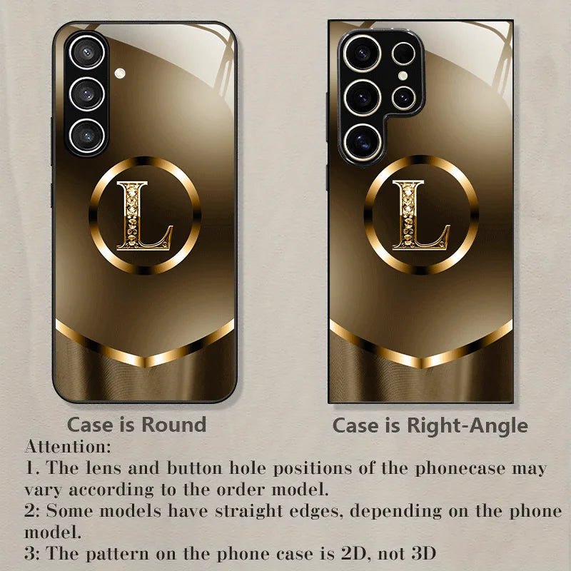 Black glass phone case with a stylish letter L design, designed by Corporación Turística, for a sleek and elegant look.