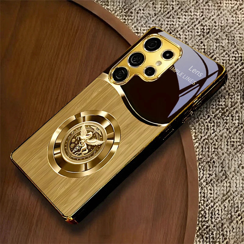 Golden phone case with retro metallic insignia, designed for stylish protection and vintage-inspired look.