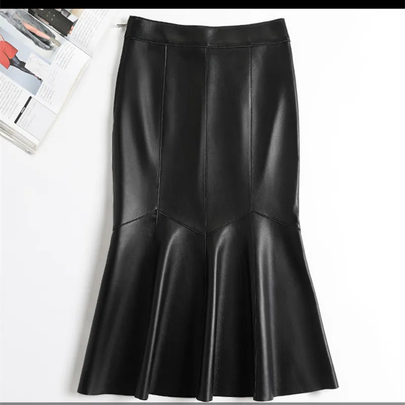 Falda Midi de Piel de Oveja de Cintura Alta para Mujer, D...