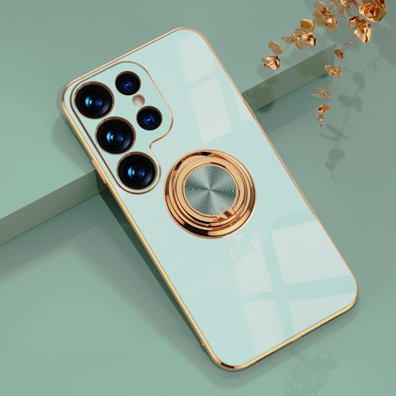 Luxury gold-plated ring stand case for Samsung smartphones, featuring a stylish design and durable construction.