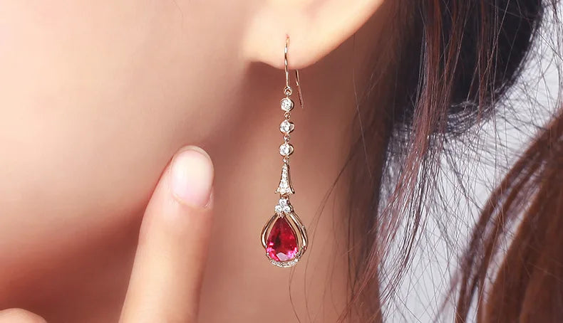 Pendientes colgantes de rubí Natural de oro rosa de 18 qu...