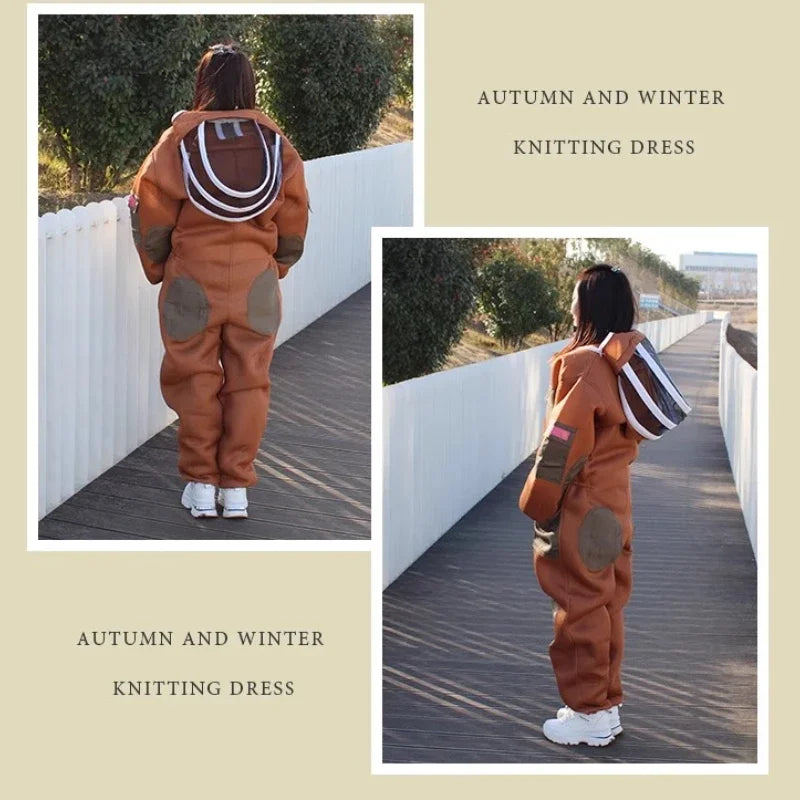 Bee protective clothing for beekeeping, featuring a suit with mesh veil and gloves, designed for safe apiculture activities.