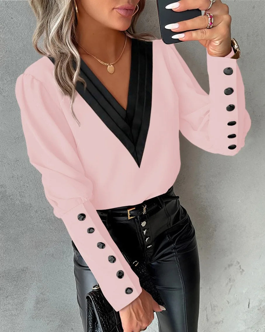 Blusa de oficina con cuello en V y botones para mujer, ca...