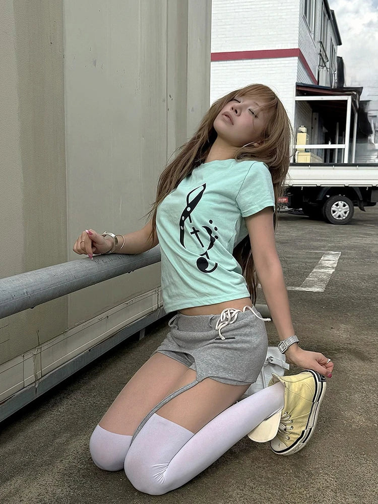 Camiseta Notas Musicales Mujer Harajuku Y2K Algodón Suave Verano