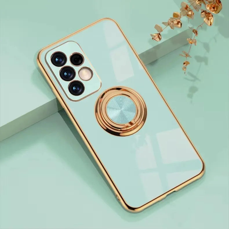 Luxury gold-plated magnetic phone case with stand, designed for secure grip and elegant style, by Corporación Turística.