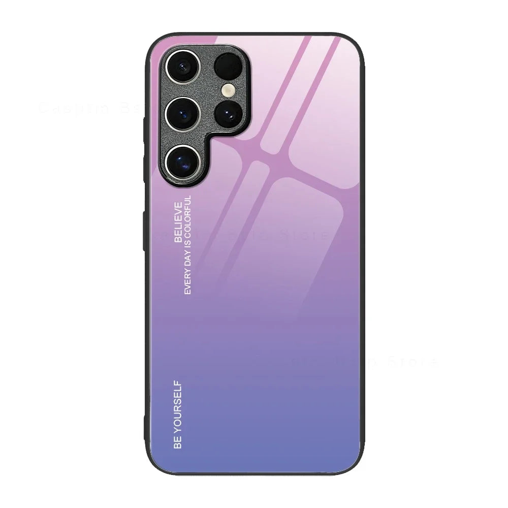 Tempered glass phone case with gradient design for Samsung Galaxy S2, by Corporación Turística, showing front view with colorful fade effect.