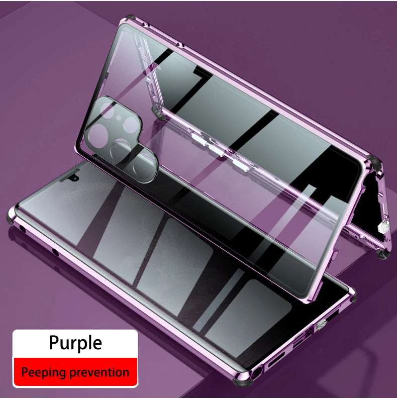 Magnetic metal phone case for Samsung S26, S25, S23, S24 by Corporación Turística, showing the case's metallic design and magnetic closure.