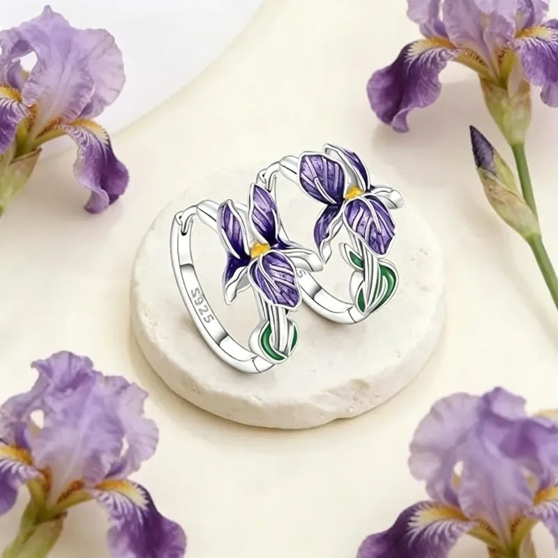 Pendientes de Plata de Ley 925 con Diseño de Flor Morada,...