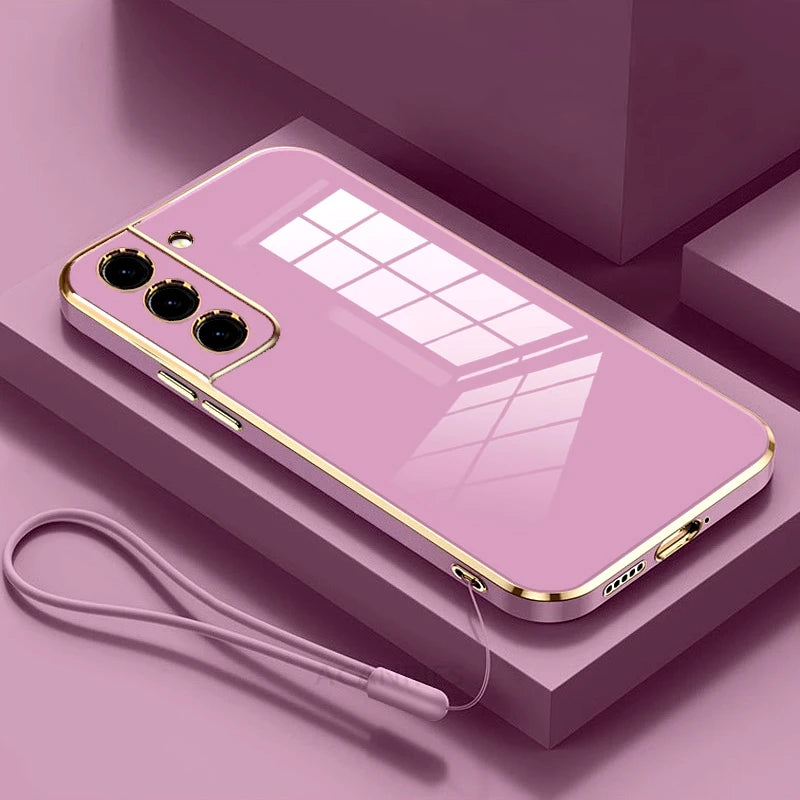 Luxury silicone phone case with cord for Samsung Galaxy S24 Ultra, featuring elegant gold plating and a sleek design.