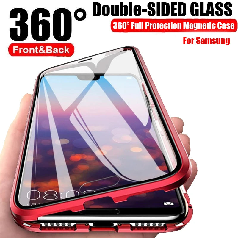Magnetic metal protective case for smartphones, offering 360° coverage, by Corporación Turística, shown in black with sleek design.