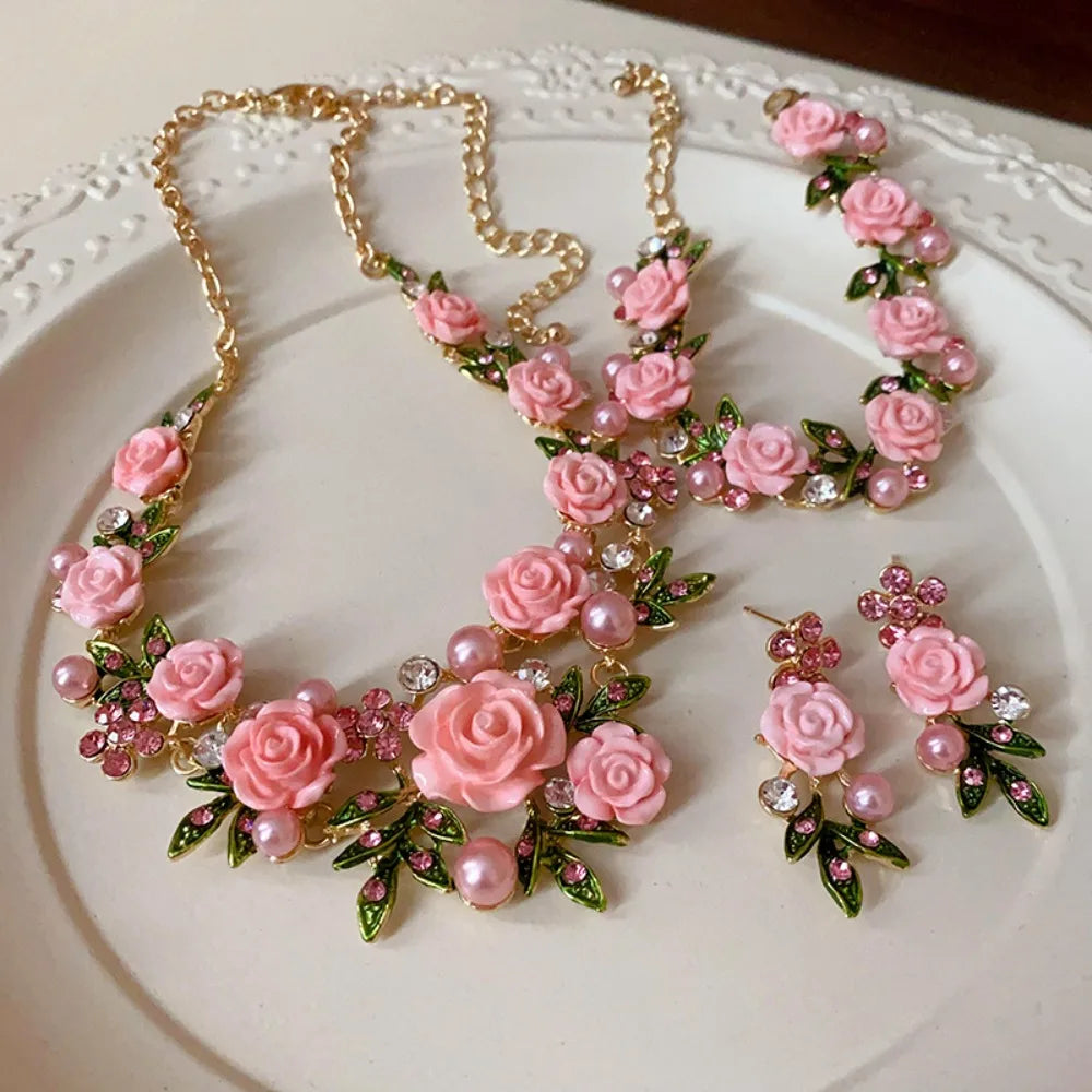 Lujoso collar de flores rosas con diamantes de imitación,...