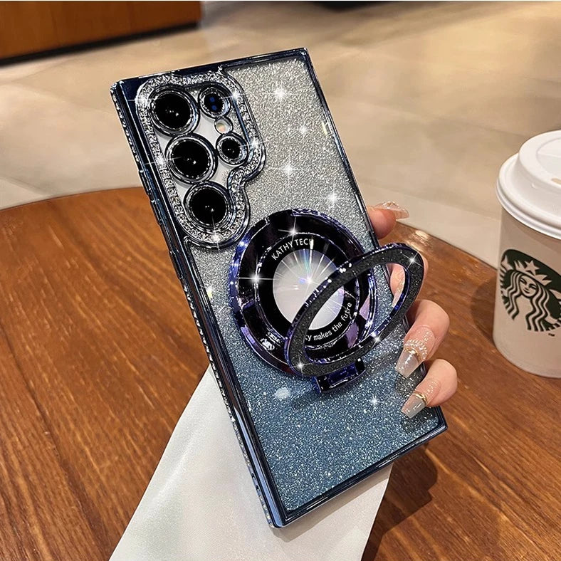 Magnetic glitter and diamond phone case for Samsung smartphones, featuring sparkling accents and a sleek design.