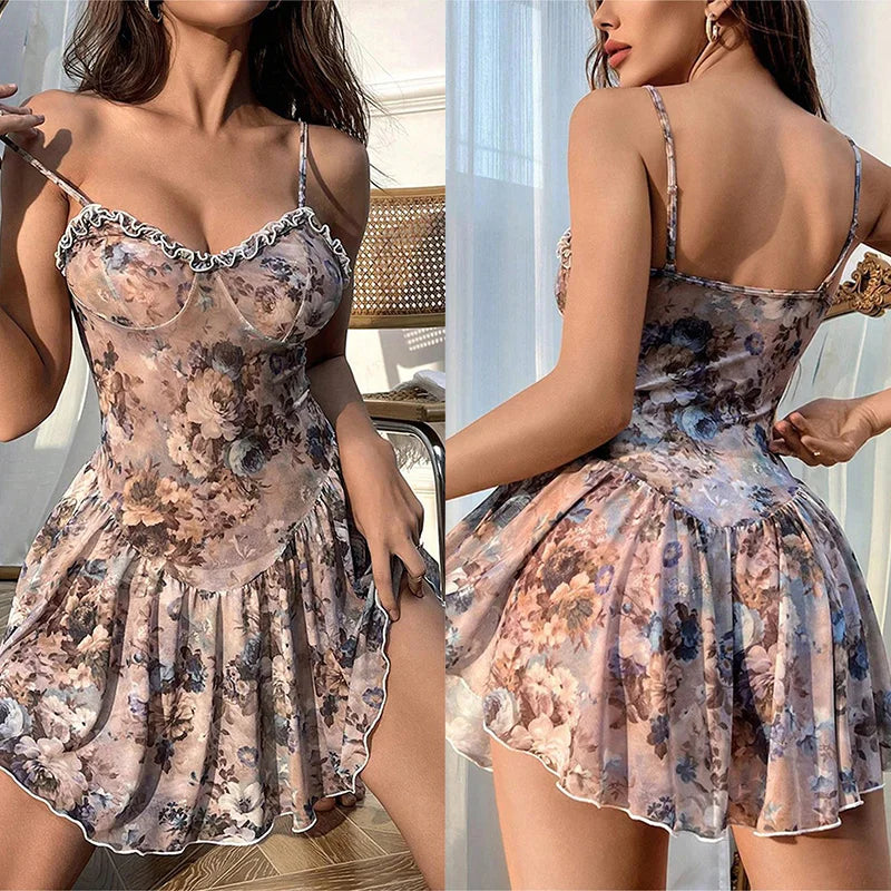 Camisón camisola floral mini falda con encaje sexy camisa...
