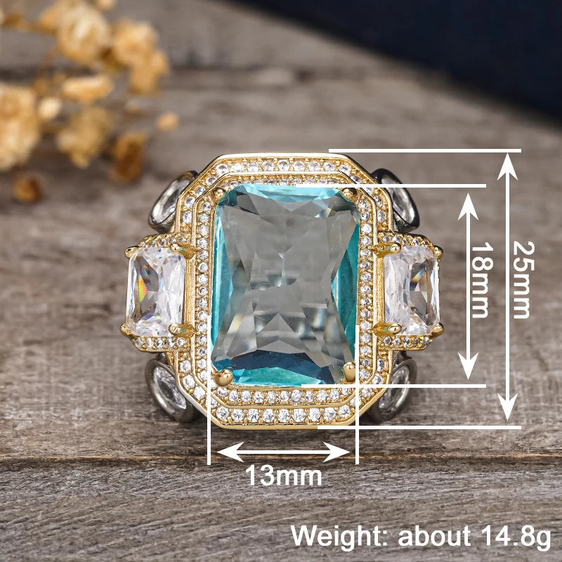 Huitan - Anillos Rectangulares de Circonita Cúbica Azul p...