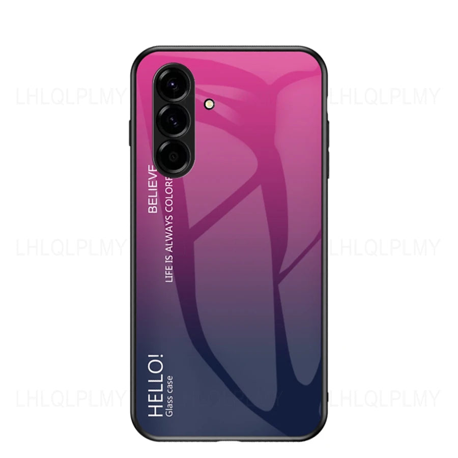 Tempered glass phone case with gradient design for Samsung Galaxy, featuring clear protective material and stylish color fade.
