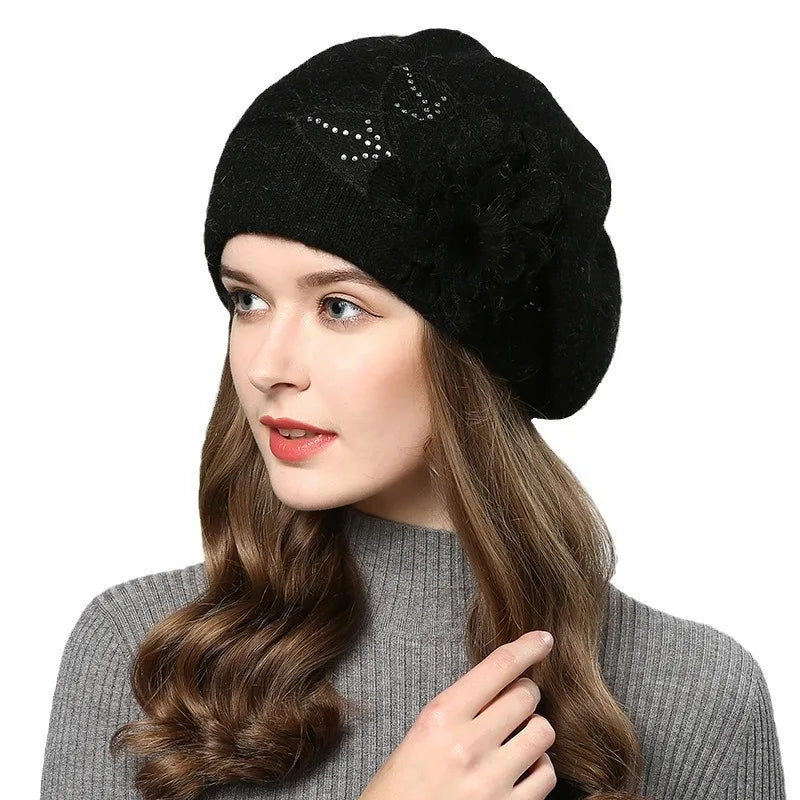 Boinas de conejo para mujer, Gorros de lana tejidos con f...