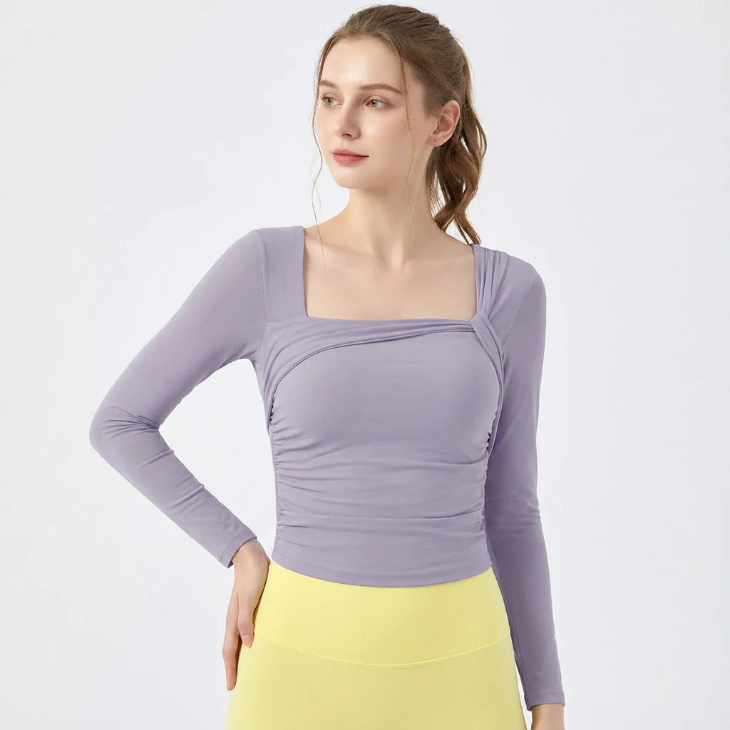 Camiseta Yoga Malla Mujer Manga Larga Acolchada - Top Corto Fitness