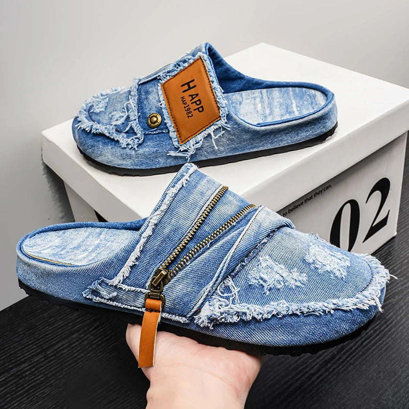 Mules de Mezclilla Azul Claro con Bordes Deshilachados, A...