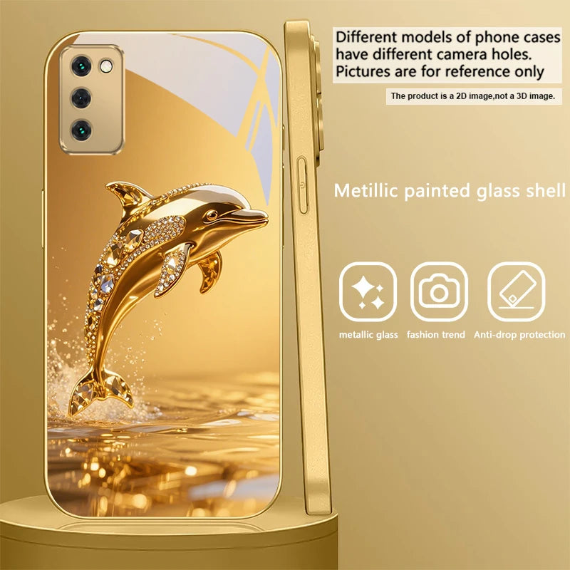 Golden dolphin phone case for Samsung Galaxy S20 FE, S21 Plus, S22, and S23 by Corporación Turística, featuring a detailed dolphin design.