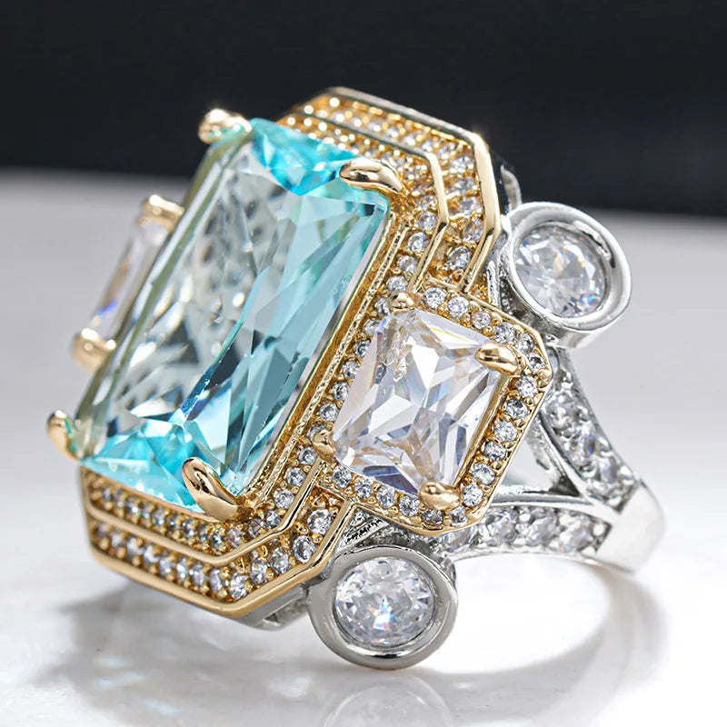 Huitan - Anillos Rectangulares de Circonita Cúbica Azul p...