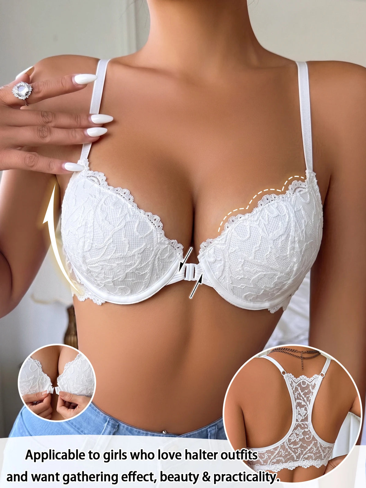 Sujetador de encaje floral para mujer con cierre frontal,...