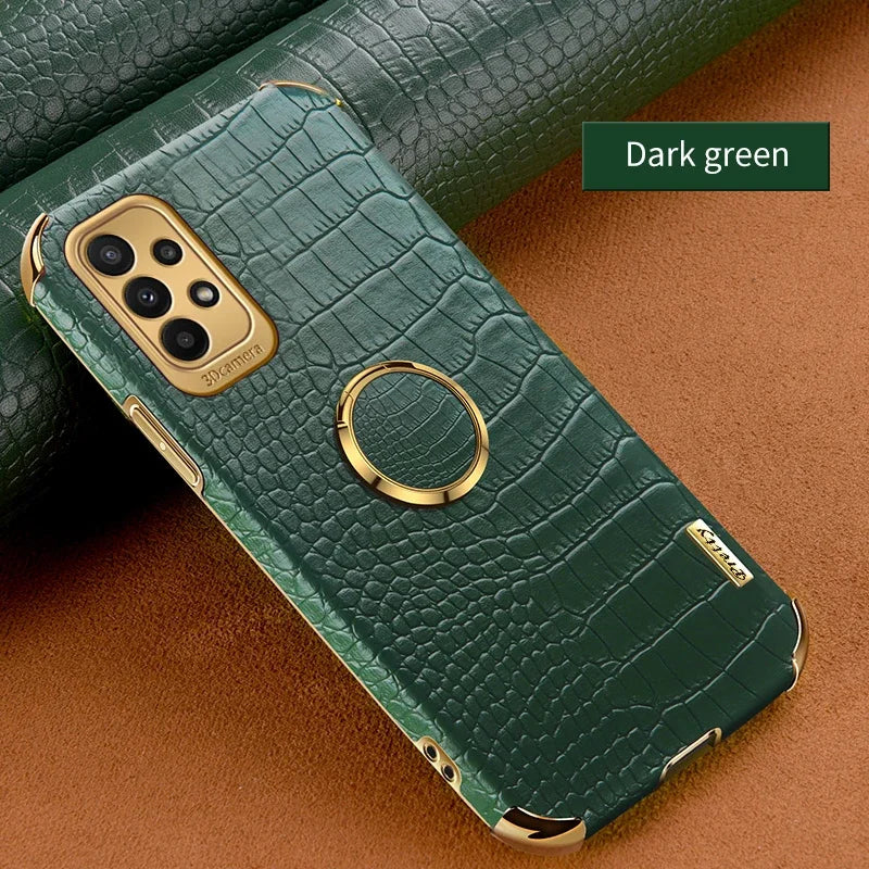 Leather crocodile-pattern phone case for Samsung Galaxy, designed by Corporación Turística, featuring textured leather exterior.