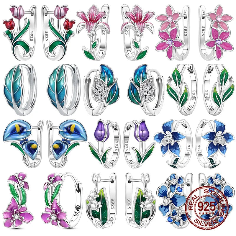 Pendientes de Aro con Diseño de Hojas y Flores, Plata de ...