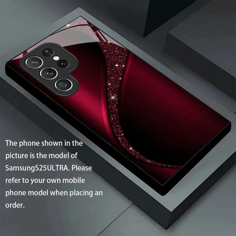 Red curved phone case with glitter dust from Corporación Turística, featuring a sleek design and shiny, sparkling finish.