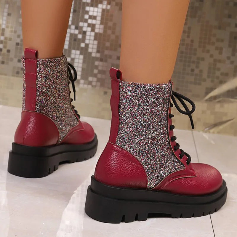 Botas Retro rojas brillantes para Mujer, botines con cord...