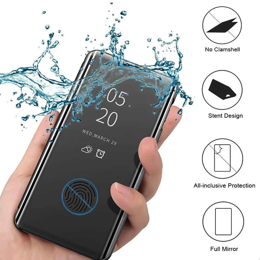 Luxury smart protective case with mirror for Samsung smartphones, featuring a sleek design and durable material by Corporación Turística.
