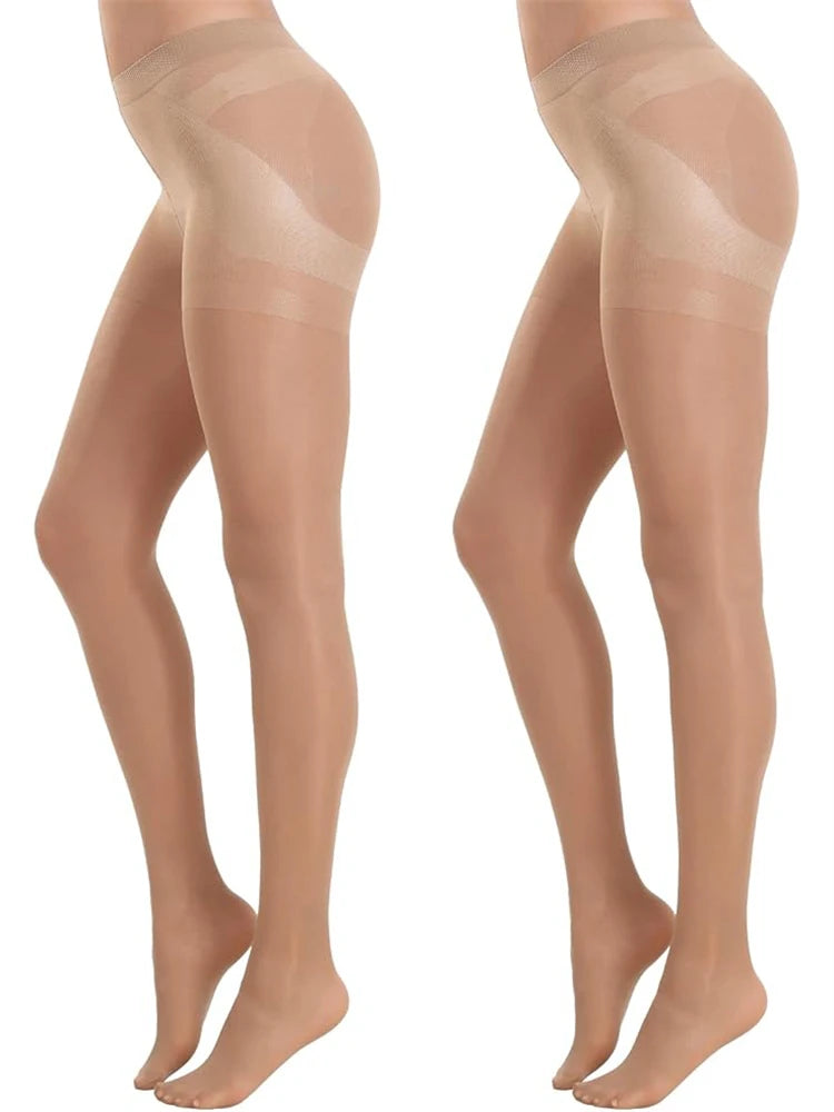 Pair of black 40D transparent women's tights from Corporación Turística, shown lying flat with smooth, sheer fabric.