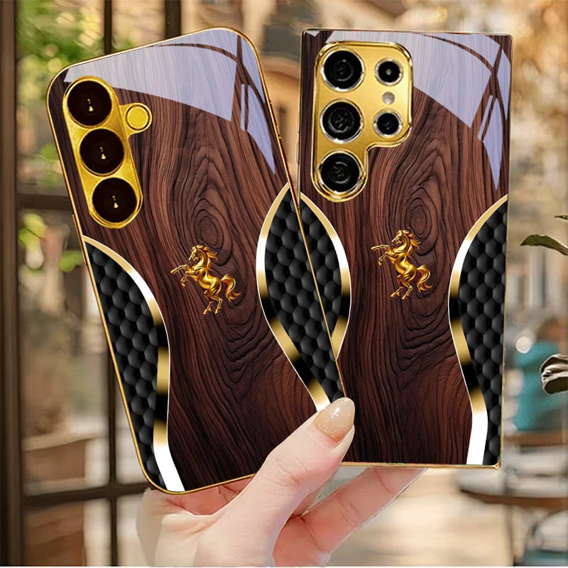 Elegant luxury phone case with gold coating from Corporación Turística, featuring a sleek design and premium finish.
