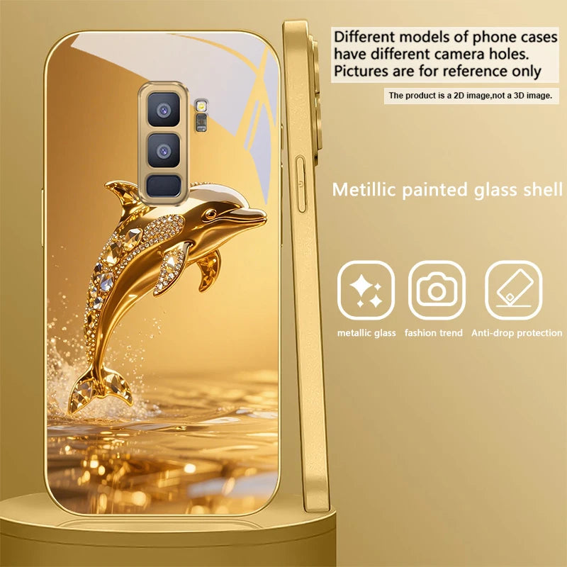 Golden dolphin phone case for Samsung Galaxy S20 FE, S21 Plus, S22, and S23 by Corporación Turística, with detailed dolphin design.