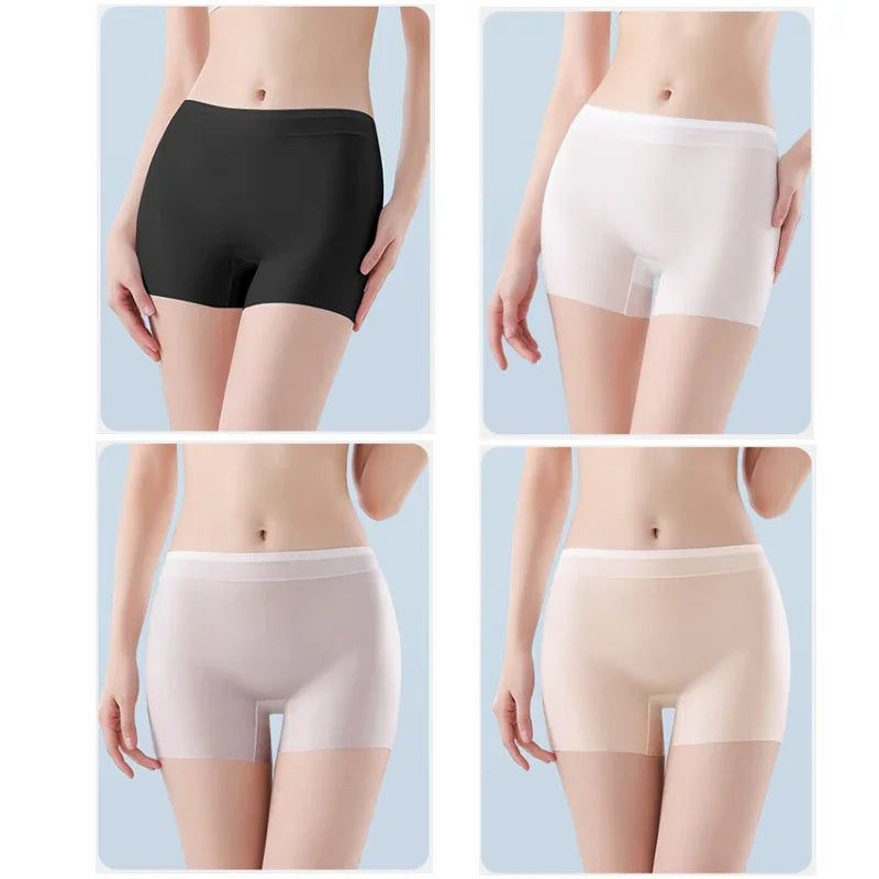 Set of four cold silk panties for women, ultrafine and comfortable, by Corporación Turística, shown in soft fabric detail.