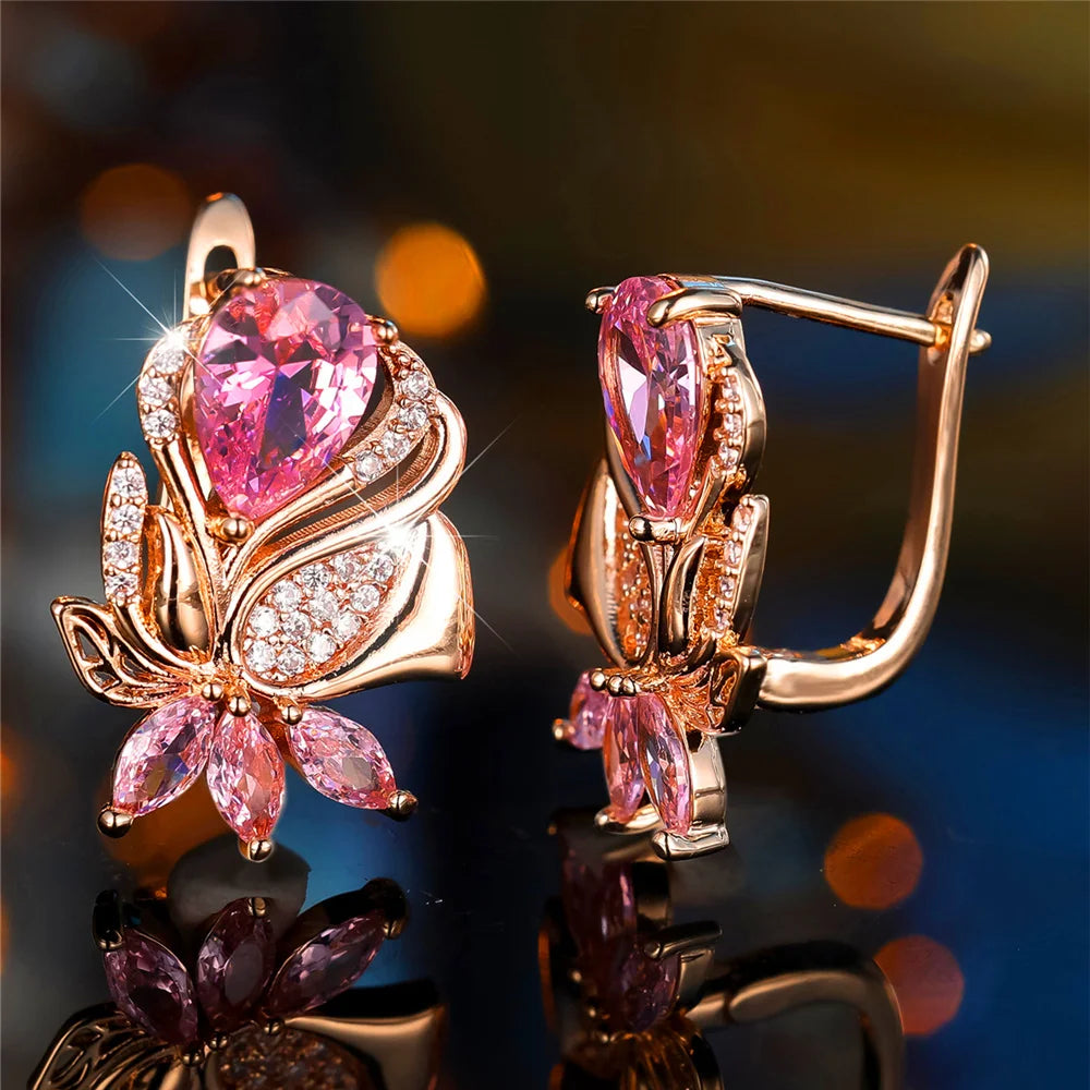 Pendientes de aro de piedra de circón rosa de lujo para m...