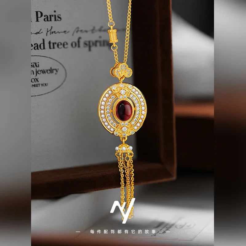 Collar de clavícula con borla de rubí ovalado para mujer,...