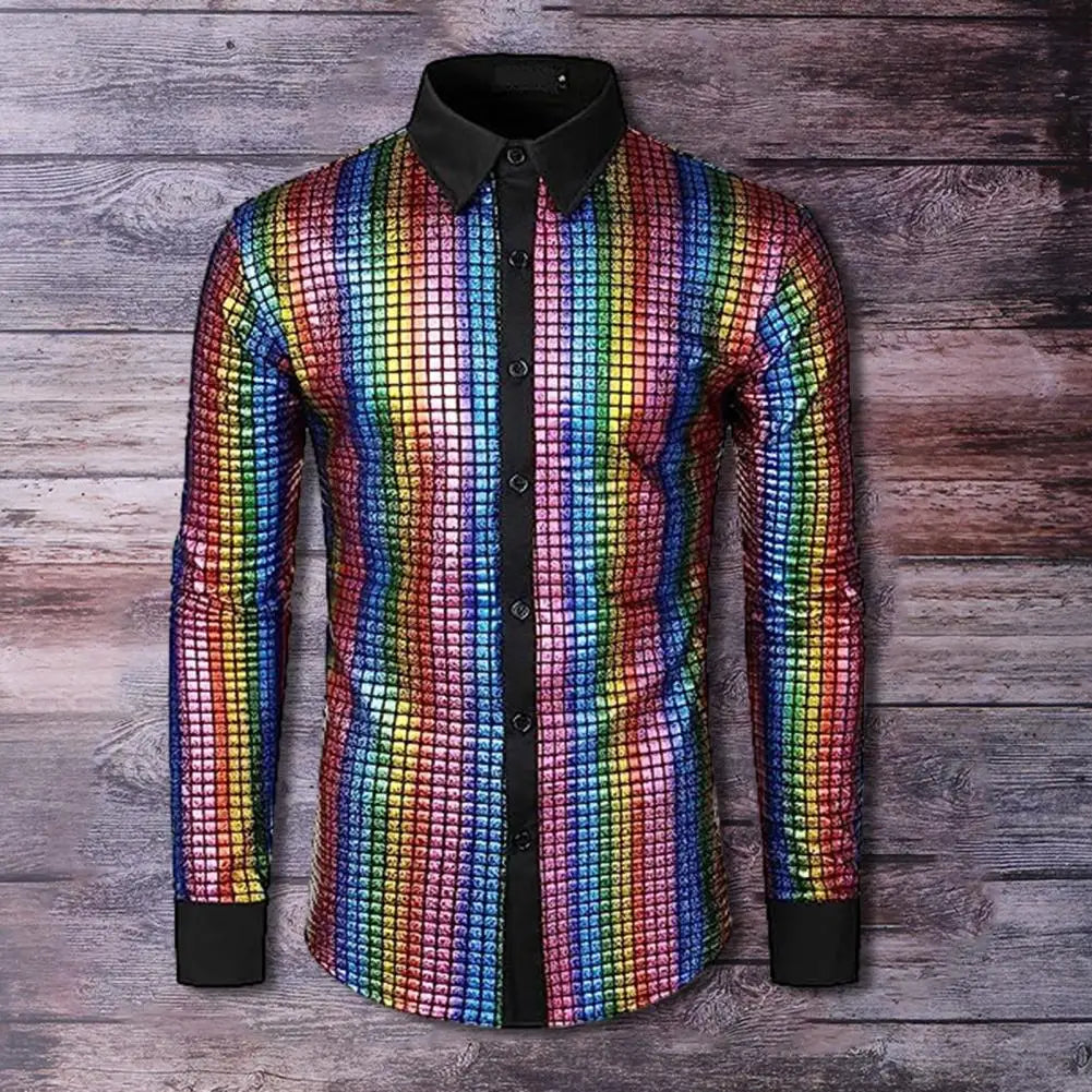 Men's disco shirt with a raised collar, stylish and vibrant fabric suitable for nightlife and dance events.