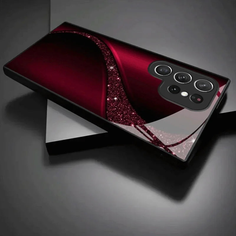 Red shiny curved phone case with glitter dust, designed for smartphones, by Corporación Turística.