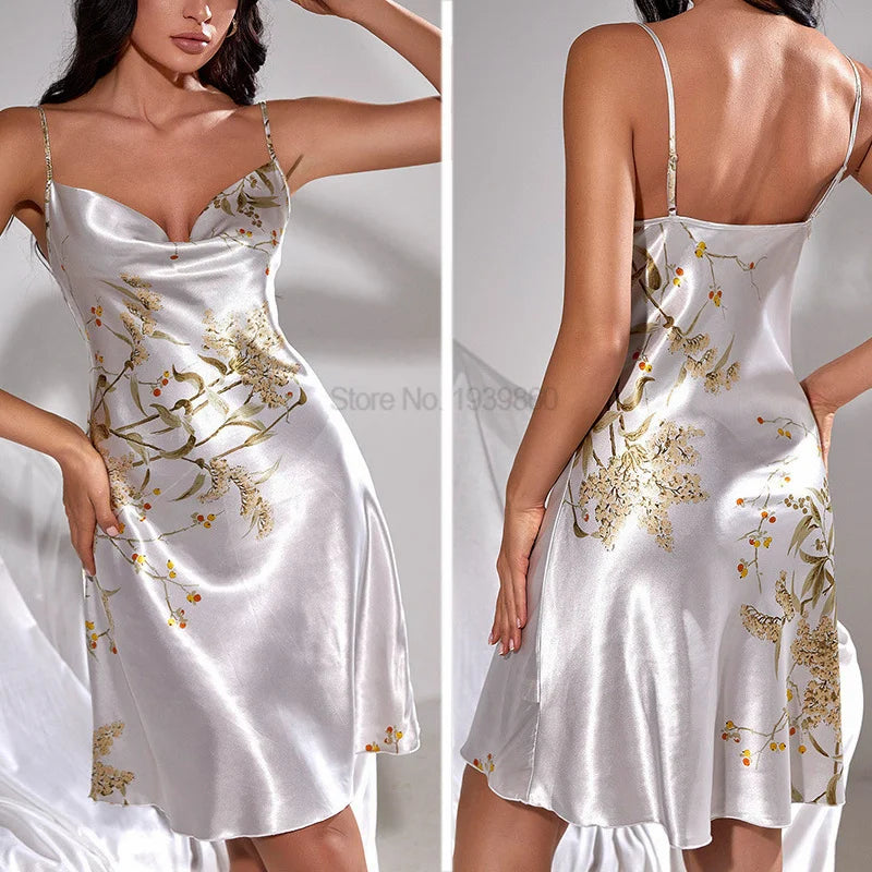 Silk satin chemise for women, kimono-style nightgown with elegant design, from Corporación Turística, displayed on a model.